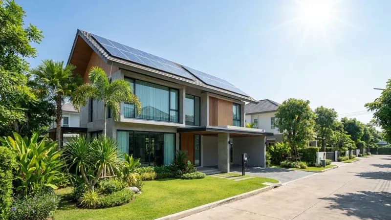 บ้านเดี่ยวสไตล์โมเดิร์นในไทยที่ติดตั้งระบบหลังคาโซลาร์เซลล์รับแสงแดดธรรมชาติ