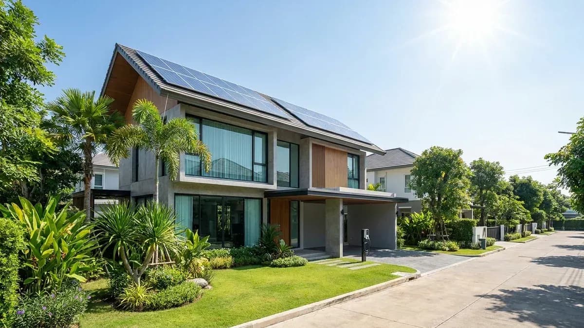 บ้านเดี่ยวสไตล์โมเดิร์นในไทยที่ติดตั้งระบบหลังคาโซลาร์เซลล์รับแสงแดดธรรมชาติ